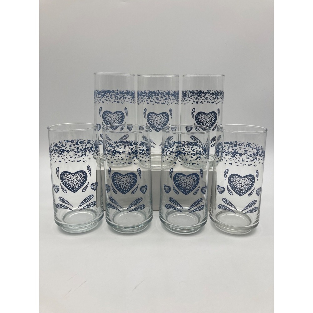 Vintage Blue Sponge Heart Glass Tumblers Set 7 Corning Corelle Coordinates